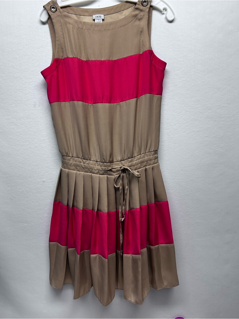Cache Pink and Tan Striped Sleeveless Midi Dress